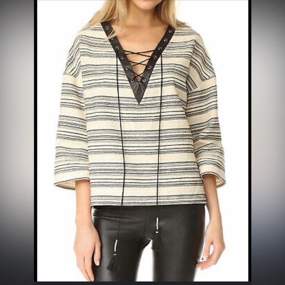 Rebecca Minkoff Black Stripe Lace Up Martin Top Leather Cotton Womens - Picture 2 of 10